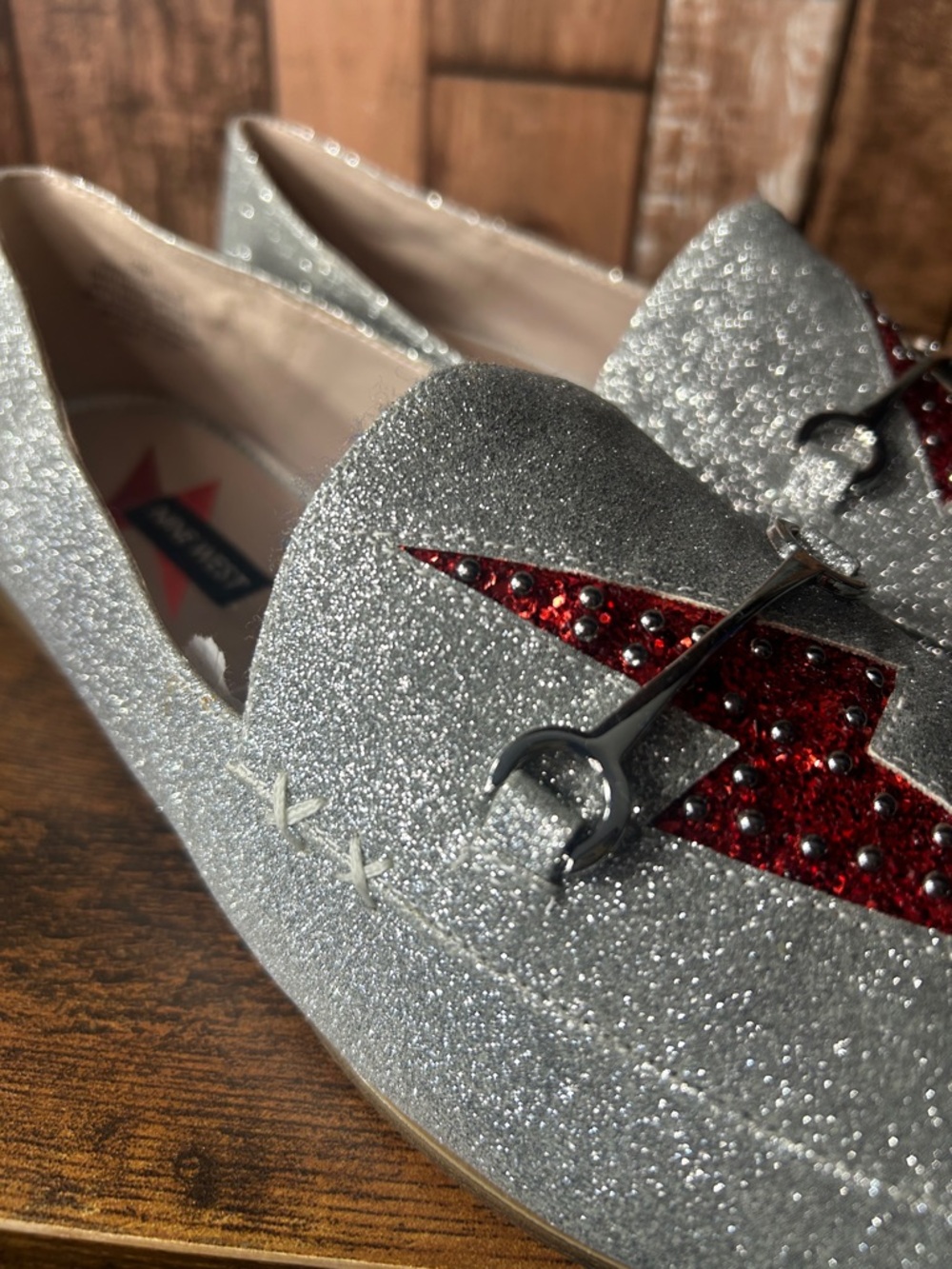 Nine West Silver Glitter Slip-On Loafers with Red Lightning Detail - Picture 6 of 16